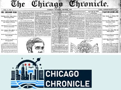 Chicago Chronicle Top, an image of an old-time newspaper with headlines and black and white drawings. Below that, a logo of the new Chicago Chronicle alongside a city skyline