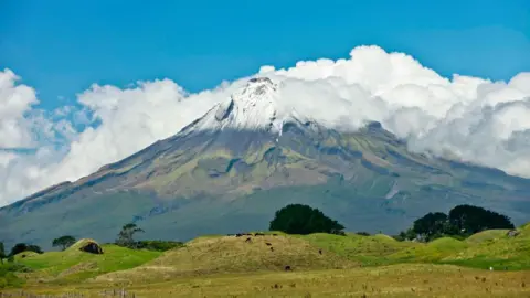 Mount Taranaki is seen surrounded by cloud and in front of a green field