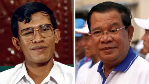 Getty Images/Reuters A composite picture showing Hun Sen in the late 1980s and Hun Sen at an election rally in July 2023