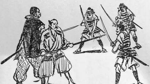 Iwasaki Shoten A drawing of Yasuke and Oda Nobunaga pointing their swords at enemies