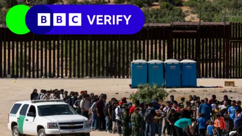 BBC Verify logo over an image of migrants at the US southern border.