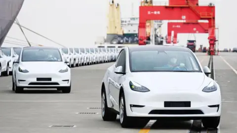 Tesla cars waiting to be loaded on board a cargo vessel at Nangang port in Shanghai.