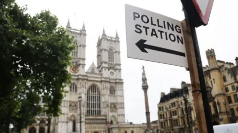 Getty Images A sign points to a polling station in front of Westminster Abbey
