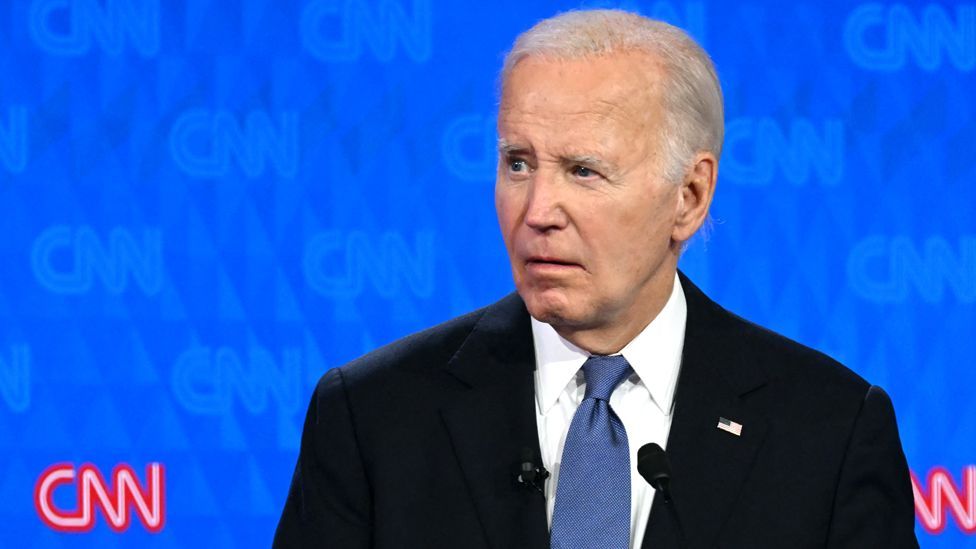 US President Joe Biden looks on as he participates in the first presidential debate of the 2024 elections with former US President and Republican presidential candidate Donald Trump on 27 June 2024