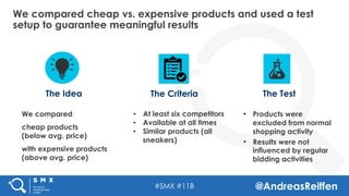 #SMX #11B @AndreasReiffen
We compared cheap vs. expensive products and used a test
setup to guarantee meaningful results
We compared
cheap products
(below avg. price)
with expensive products
(above avg. price)
The Idea
•  At least six competitors
•  Available at all times
•  Similar products (all
sneakers)
The Criteria The Test
•  Products were
excluded from normal
shopping activity
•  Results were not
influenced by regular
bidding activities
 