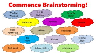 Window
Washing
Backstage
Big
Yacht
Bathroom
Security
Room
Bank Vault
Hunting
Lodge
ElevatorAir Vent
Hotel
Penthouse
Submersible
Casino
Lighthouse
Hot Air
Balloon
Lifeboat
Commence Brainstorming!
 
