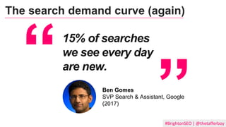 Ben Gomes
SVP Search & Assistant, Google
(2017)
15% of searches
we see every day
are new.
#BrightonSEO | @thetafferboy
The search demand curve (again)
 