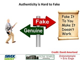 Authenticity is Hard to Fake
Fake It
To You
Make It
Doesn’t
Work
Credit: David Amerland
 