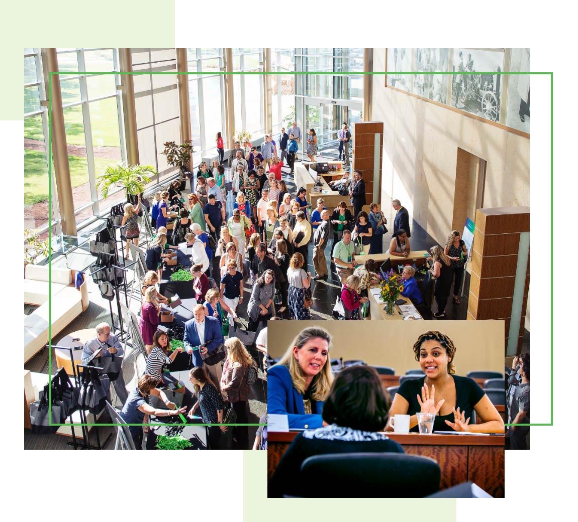 A group of people arriving at a course, and a close-up of people sitting, smiling at a course.