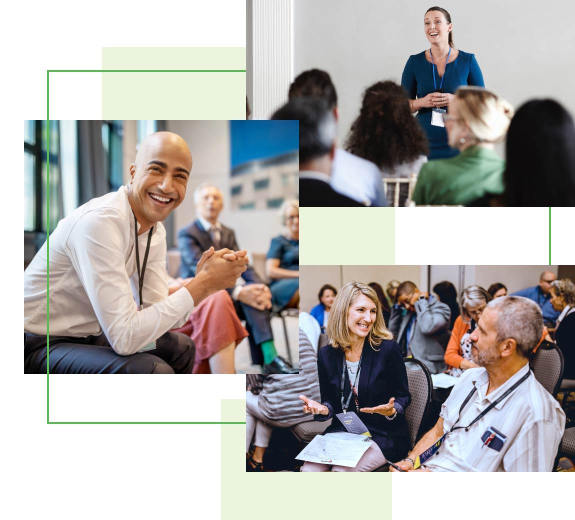 Three pictures of people smiling and happily learning at a course.