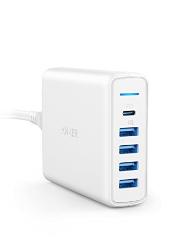 Anker PowerPort + 5 Cargador USB de Pared con 5 Puertos 60W, USB-C Tipo c con para Apple MacBook, Samsung Galaxy S9, Nexus 5X / 6P y PowerIQ para iPhone Xs/Max/XR/X/8/7/6/Plus, iPad, Samsung