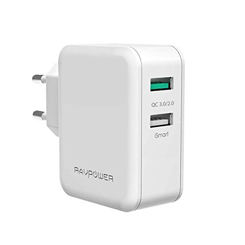 Cargador de Red 30W RAVPOWER Cargador Pared Doble Puerto USB QC3.0 Tecnología iSmart y Protección de Seguridad Compatible con Samsung iPhone LG Xiaomi Nexus iPad y Más-Blanco