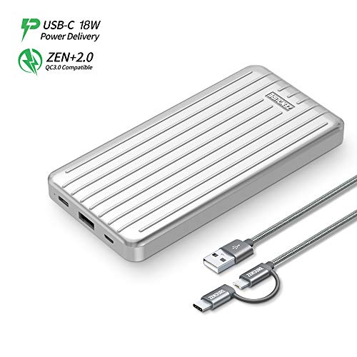 Zendure Slim USB-C powerbank 10000mah, bateria externa para movil, Cargador Portátil con 18W Power Delivery & QC 3.0 carga rápida para iPhone, Samsung Galaxy, Huawei, HTC, Nintendo Switch y más, Plata