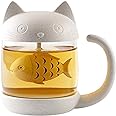 JEWOSTER Cute Cat Glass Cup Tea Mug With Fish Tea Infuser Strainer Filter