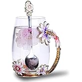 Luka Tech Enamel flower Lead-free Glass Coffee Mugs Tea Cup with Steel Spoon, Best Birthday Gifts For Women Wife Mom Friends 