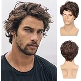 Kaneles Mens Wigs Brown Short Curly Shaggy Layered Cosplay Halloween Daily Costumes Male Wig