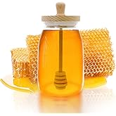 TOFOAN Honey Jar with Dipper and Lid Cover Crystal Beehive Glass Honey Pot for Home Kitchen Store Honey and Syrup, Clear Gorg