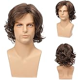 Mens Brown Wig Short Layered Curly Wavy Male Wig Synthetic Hair Wigs Heat Resistant Cosplay Halloween Party with Wig Cap