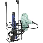 mDesign Metal Bathroom 2 Section Storage Tool Organizer Basket Tray - Hang Over Cabinet Door - Storage for Hair Dryer, Straig