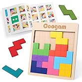 Coogam Wooden Puzzle Pattern Blocks Brain Teasers Game with 60 Challenges, 3D Russian Building Toy Wood Tangram Shape Jigsaw 