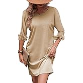 VISON IRIS Womens Dresses Lace Trim Pearls 3/4 Length Sleeve Dress Casual Tshirt Dresses Back Crisscross Short Mini Dress