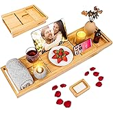 Foldable Bathtub Caddy Tray, Bamboo Bath Tub Tray Table for Tub with Wine Glass Holder Book Phone Tablet Holder with Extendin