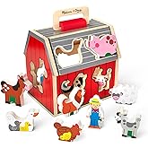 Melissa & Doug Wooden Take-Along Sorting Barn Toy with Flip-Up Roof and Handle, 10 Wooden Farm Play Pieces - Farm Toys, Shape