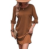 VISON IRIS Womens Dresses Lace Trim Pearls 3/4 Length Sleeve Dress Casual Tshirt Dresses Back Crisscross Short Mini Dress