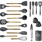 LeMuna 18pcs Silicone Cooking Utensils Set, Kitchen Utensils Set with Holder, Wooden Handle Silicone Utensils Spatula Set, He