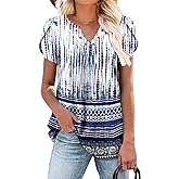 onlypuff Womens Tops Short Sleeve Shirts V Neck Summer Shirts Ladies Tunic Tops Casual Flowy Ruffle Shirt