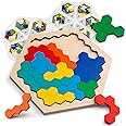 Coogam Wooden Hexagon Puzzle for Kid Adults - Shape Pattern Block Tangram Brain Teaser Toy Geometry Logic IQ Game STEM Montes
