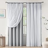 Treatmentex Pom-Pom Blackout Curtains with Sheer Overlay for Living Room Bedroom Kid's Nursery Room, Grey Mix and Match Doubl