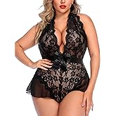 Avidlove Plus Size Lingerie for Women Deep V Neck Teddy Lingerie Halter Lace Bodysuit Nightgown