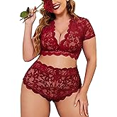 Avidlove Plus Size Lingerie Plus Floral Lace Scallop Trim Lingerie Set Deep V Allover Lace Bra Panties Set Sexy Clubwear