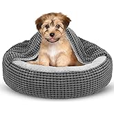 SIWA MARY Small Dog Bed with Attached Blanket, Cozy Donut Cuddler Anti-Anxiety Hooded Pet Beds Calming Cave Bed. Orthopedic R