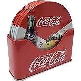 The Tin Box Company Coke 6 pc Coaster Set with Standing Metal Holder, Red