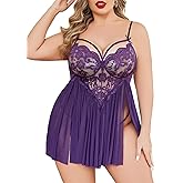 Avidlove Plus Size Lingerie Lace Babydoll Womens Strap Chemise Nightgown V Neck Nighty Mesh Sleepwear Side Slit Nightdress