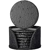 Urbanstrive Slate Drink Coasters with Holder, Set of 8, Round Slate Stone Coasters for Drinks Bar Home, 4 Inch, Black