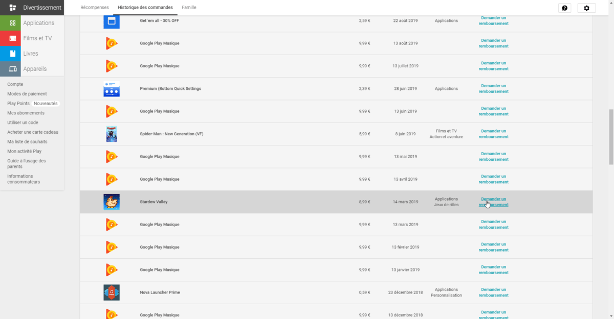 Play Store demander remboursement