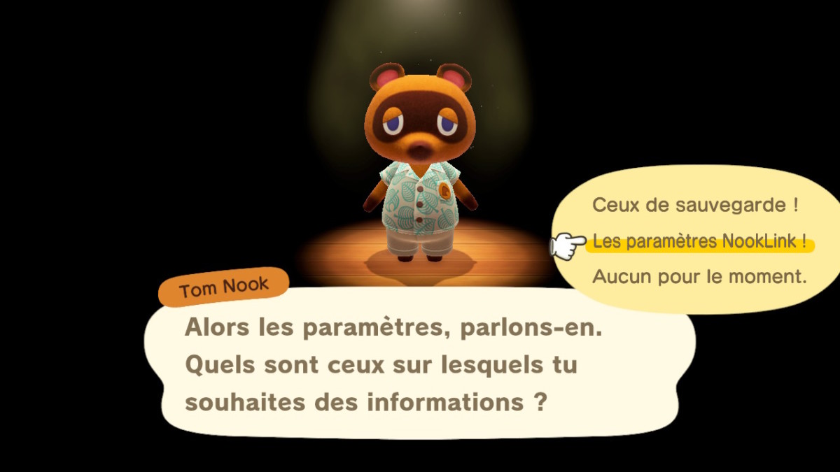 Tom Nook, dans les paramètres de NookLink