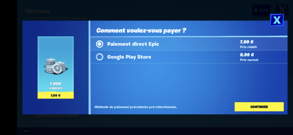 Deux moyens de paiement sur Fortnite