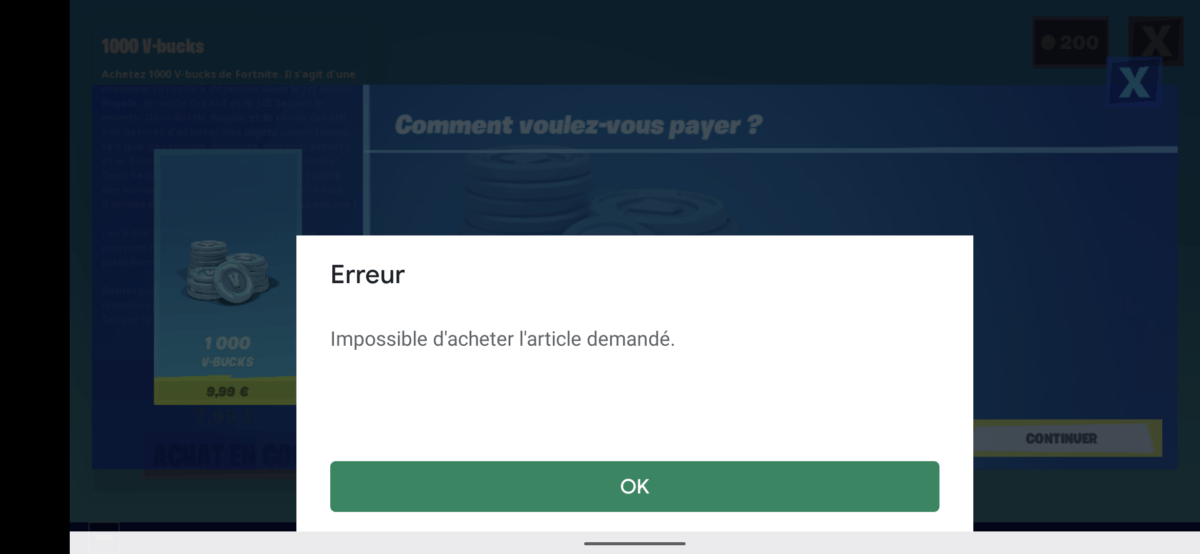 Paiement via Play Store sur Fortnite