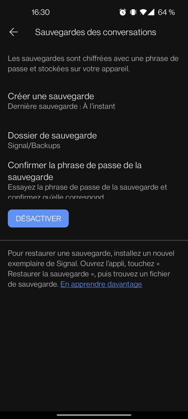 Sauvegarde des conversations dans Signal