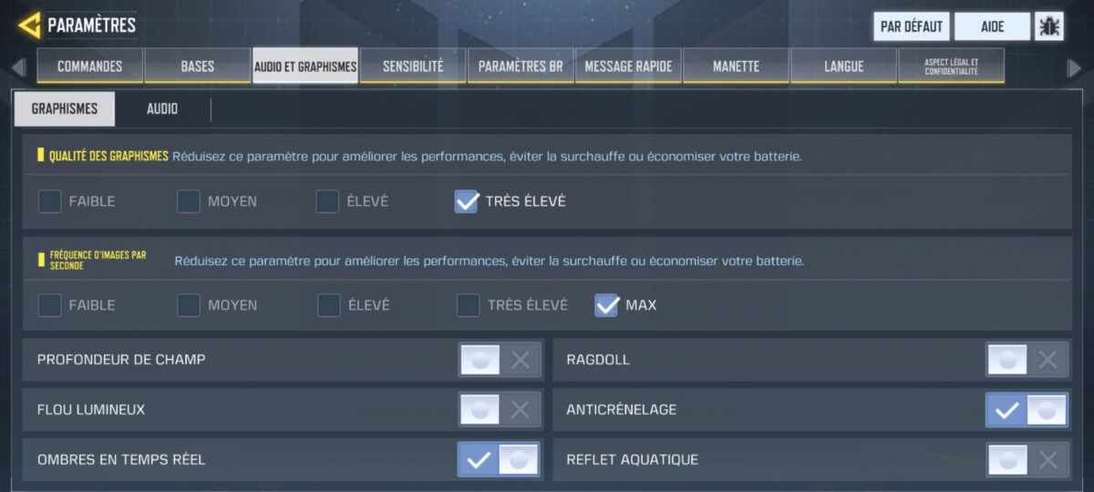Réglages graphiques de Call of Duty Mobile sur le Xiaomi Poco F3