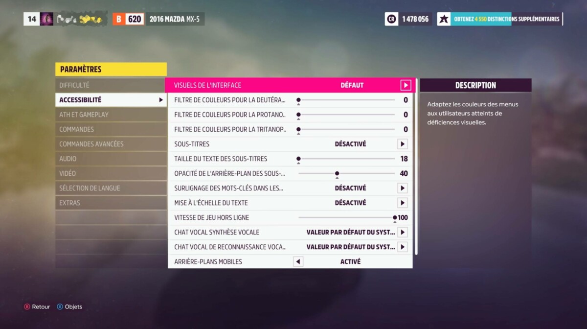 Le menu Accessibilité dans Forza Horizon 5