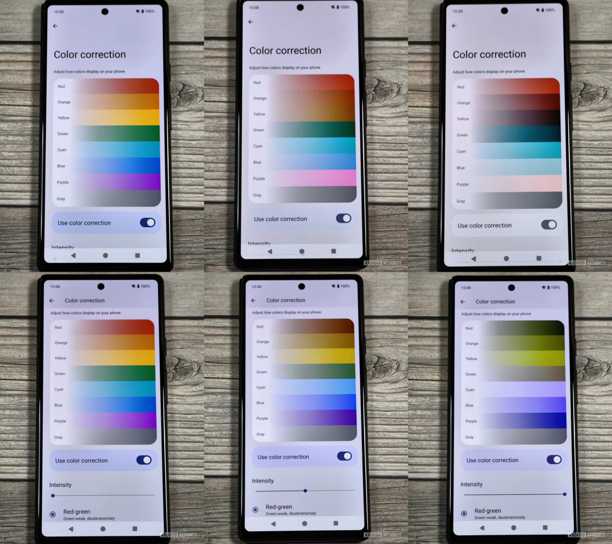 Différentes images montrant l'utilisation du nouveau curseur d'intensité de la correction des couleurs dans Android 15 beta 3.1