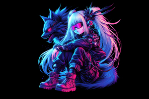 Little Cyber Girl And Wolf (2932x2932) Resolution Wallpaper