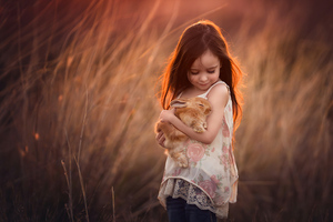 Little Girl With Rabbit In Hands 4k (3440x1440) Resolution Wallpaper