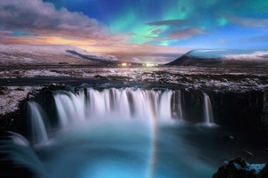 Strange Lights Over Godafoss Waterfall In Iceland Wallpaper