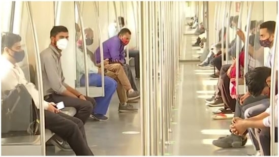 On the first day of the unlocking process from the COVID-19 induced lockdown in the national capital, passengers were seen commuting through Delhi Metro which has resumed services.(ANI)